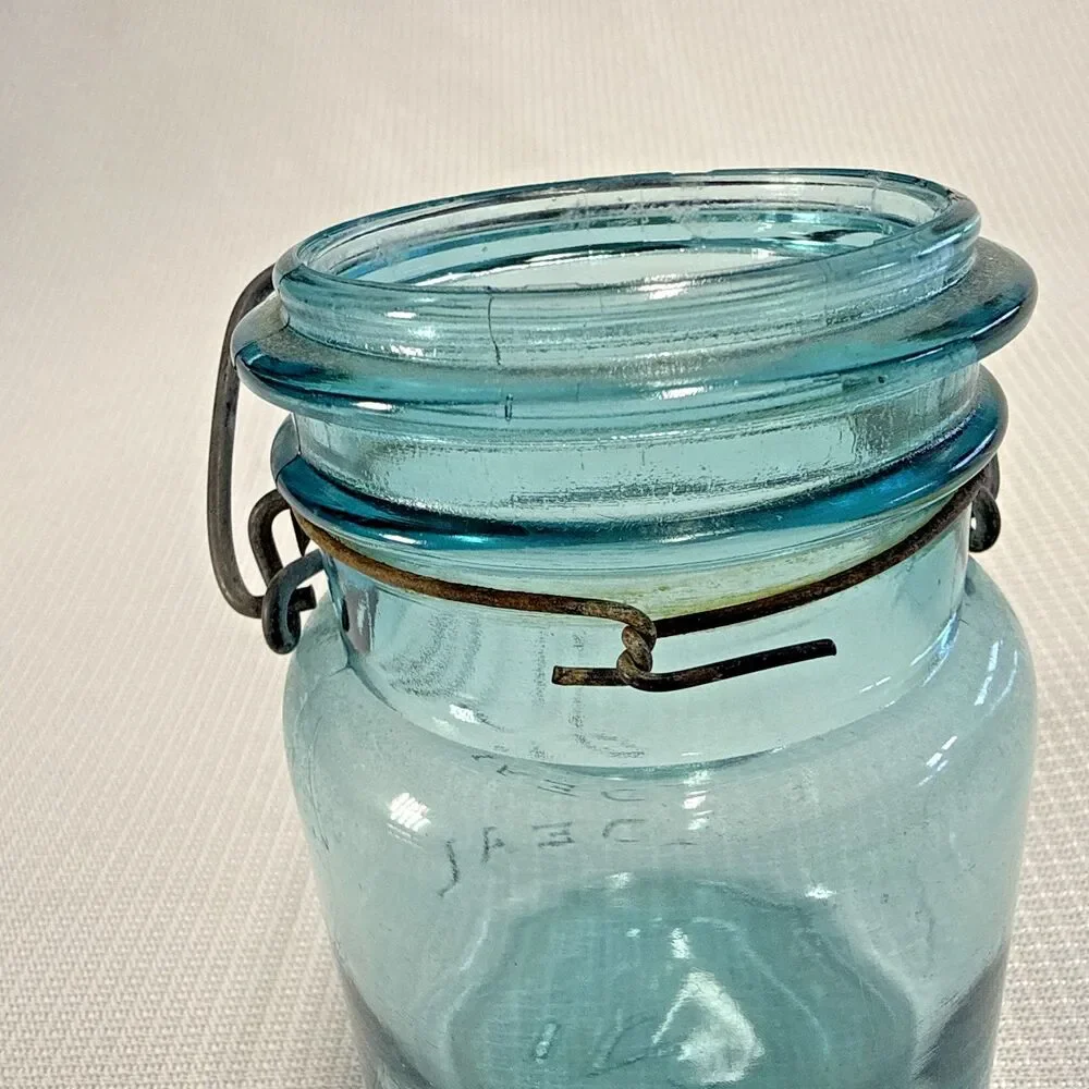 Vintage Ball Ideal Mason Jar Aqua Blue Glass w/ Wire RARE #2 - no lid, not dated